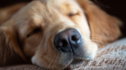 Golden retriever sleeping peacefully on a soft couch during the afternoon