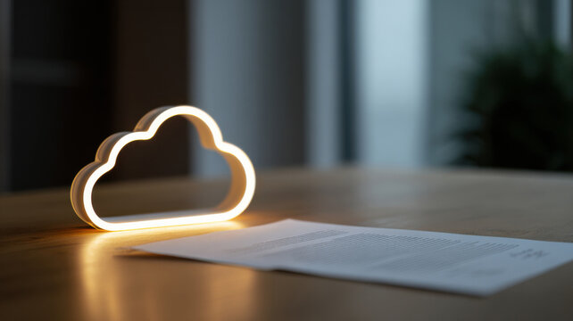 An illuminated cloud symbol sits on a wooden table next to a document, representing digital storage and information management - Powered by Adobe