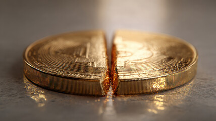 A Bitcoin coin cut in half, conceptual image of cryptocurrency crisis