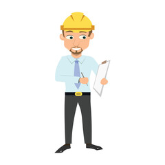 Cartoon site manager or engineer checking a project and writing on a clipboard checklist. Inspection and auditing concept