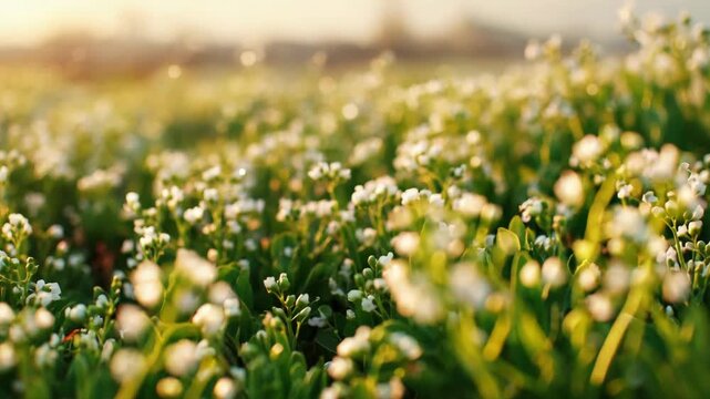 Close Up of White Flowers Blooming in Field with Soft Golden Light at Dusk Floral Meadow Landscape with Shallow Depth of Field Natural Green Leaves and Petals