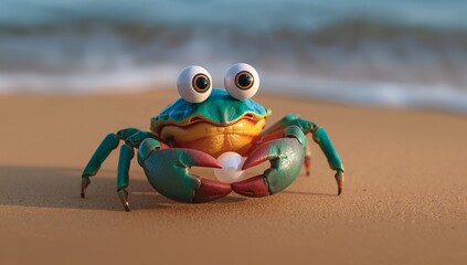 Colorful Cartoon Crab with Big Eyes on a Beach Background