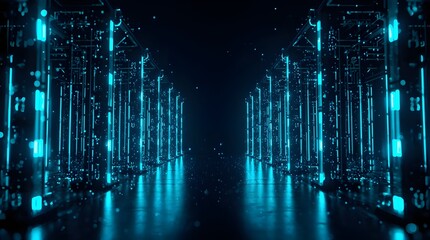 Abstract binary code background in a blue urban skyscraper cityscape at night
