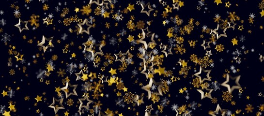 Abstract holiday background featuring golden stars and snowflakes floating against a dark blue backdrop. Perfect for Chr