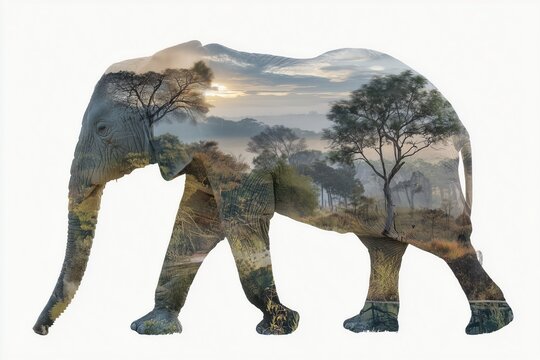 A double exposure image blending an elephant silhouette with a landscape of trees, sky, and sunset.