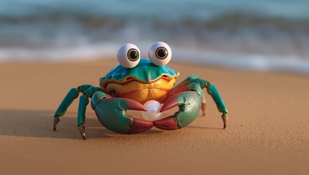 Colorful Cartoon Crab with Big Eyes on a Beach Background
