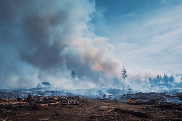 Fototapeta premium A devastated landscape with smoke rising from a forest fire, surrounded by charred trees and fallen logs, illustrating the impact of climate change.