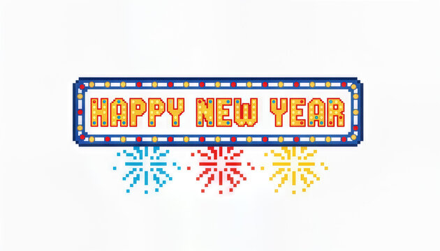 A happy new year banner pixel art retro style neon color fireworks festive celebration holiday greeting party joy fills bright pixel frame with colorful sparks on clean white background - Powered by Adobe