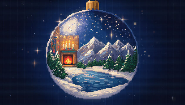 A cozy winter cabin snowy mountain pine tree frozen lake night sky snowflake holiday ornament pixel art fireplace warm glow