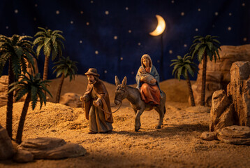 A Christmas nativity scene with figurines of Mary, Joseph, and baby Jesus on a donkey, traveling through the desert at night under a starry sky.