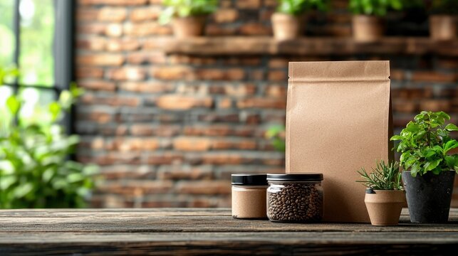 Still life image of coffee packaging, jars, and potted plants on a rustic wooden table in a cafe setting with natural light.