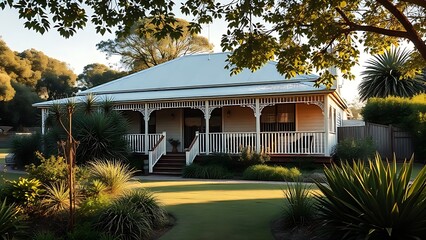 Single-story Australian suburban house with a wide veranda, lush garden in soft afternoon light.