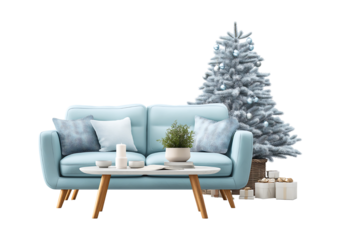 Minimalist Christmas Setup: Blue Sofa, Coffee Table, and Flocked Winter Tree on a transparent background