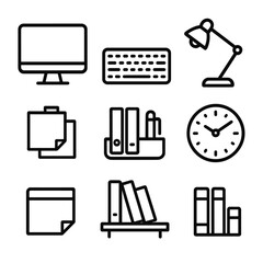 Minimalist Office Setup. Office Workspace linear icon set: computer monitor, keyboard, mouse, desk lamp, sticky notes, organizer tray, bookshelf, clock
