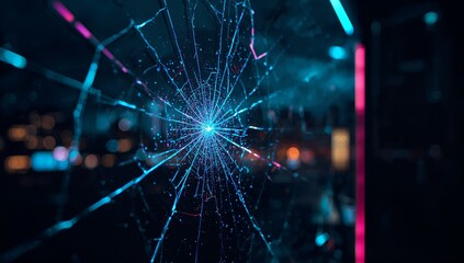 Abstract Glowing Web Pattern with Neon Light and Dark Background