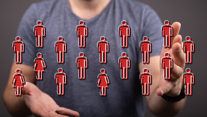 Hand reaching towards people icons, teamwork concept, connection, networking, social media, human resources, co