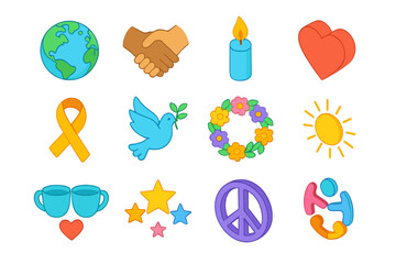 Harmony Icons Collection. Harmony Celebration Icons flat icons set. globe, holding hands, candlelight, heart, ribbon loop, dove, flower wreath, sunburst, shared cup, stars, peace