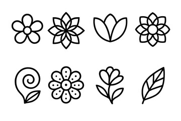 Floral Line Art Designs. Floral motifs linear icon set: line-art flower, geometric bloom, abstract petal, mandala petal ring, organic swirl, dotted blossom, curved stem icon