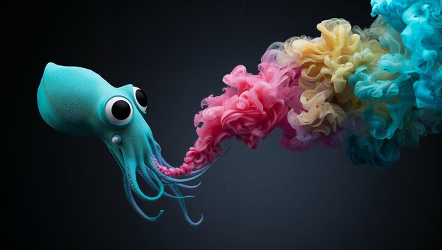 Vibrant Squid with Colorful Smoke Against Dark Background