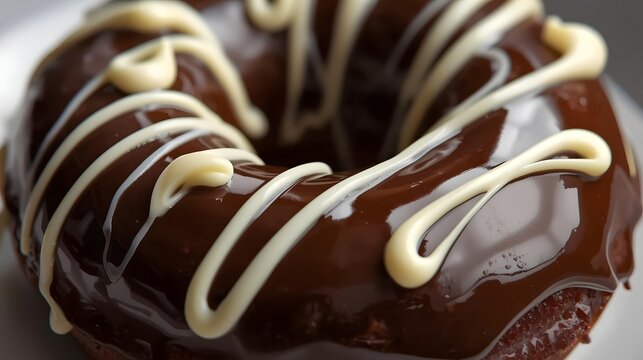 Rich chocolate donut topped with white chocolate drizzle in close-up view.