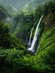 Majestic Twin Waterfalls Cascading Through Lush Green Tropical Forest.