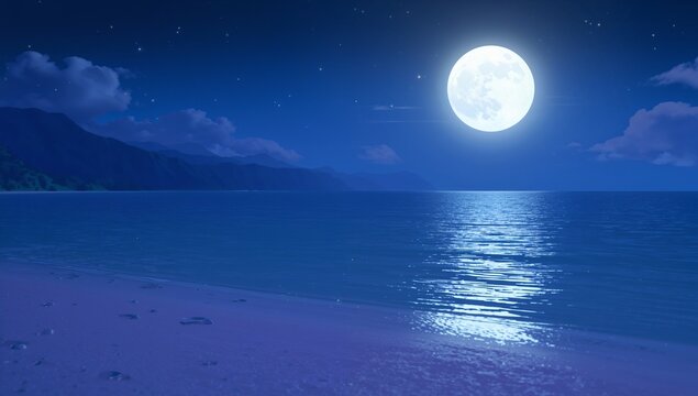 Serene Night Beach Scene Under Bright Full Moonlight Reflection