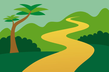 Fototapeta premium Winding yellow path through lush green hills and palm trees