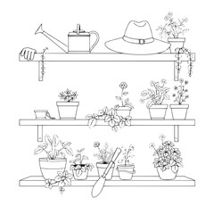 A delicate linear illustration of a charming home garden shelves scene, featuring a vintage metal watering can with a long spout, a pair of worn brown leather gloves, a small trowel with a wooden hand