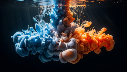 Mesmerizing swirls of vibrant blue and orange paint create a dynamic underwater dance, perfect for artistic projects or stunning visual effects, motion and abstract imagery
