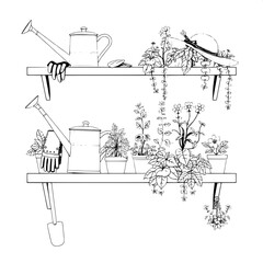 A delicate linear illustration of a charming home garden shelves scene, featuring a vintage metal watering can with a long spout, a pair of worn brown leather gloves, a small trowel with a wooden hand