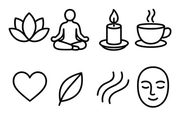 Mindful Lifestyle Icons. Mindful Living linear icon set: lotus flower, meditation pose, candle, tea cup, heart symbol, leaf, flowing lines, peaceful face