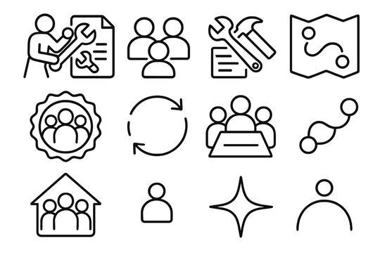 Team Effort Icons. Labor Day Team Collaboration Collection linear icon set: joint task card, team silhouettes, shared effort tools, planning map, unity badge, cooperative arrows