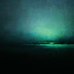 Fototapeta premium Abstract moody landscape painting with textured brushstrokes in deep teal and black tones resembling a mysterious night seascape or aurora.