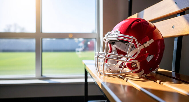 Red football helmet resting on bench indoors by window