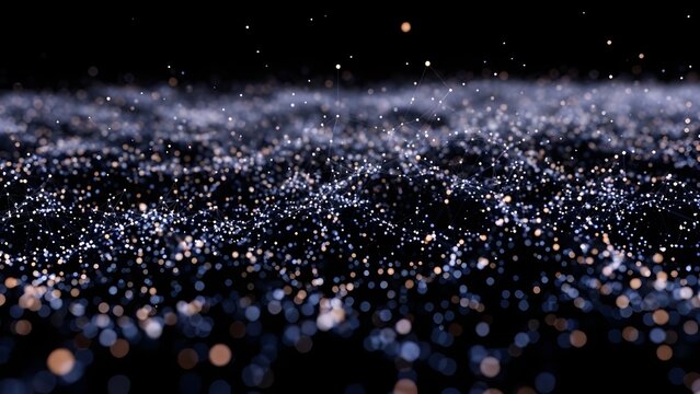 Bright blue night design of falling snow particles and glittering snowflakes on a dark window background - Powered by Adobe
