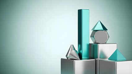 Modern 3D rendering of stacked metallic geometric shapes for technology and corporate design isolated on White Background