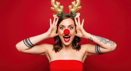Cheerful young woman wearing glitter reindeer antlers and a red clown nose against a red background.