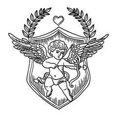 Obraz premium Cupid with bow and wings on shield emblem and laurel wreath