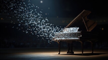 Ethereal Grand Piano Dissolving into Swarm of Dark Particles Under Dramatic Spotlight.
