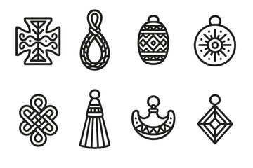 Cultural Ornament Icons. Cultural Motif Ornaments linear icon set: carved symbol, woven band loop, patterned bead, etched disc, textile knot, decorative tassel, crafted pendant
