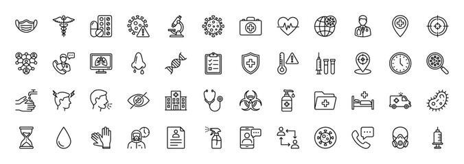 Medical healthcare and virus prevention line icon set. Vector pictograms of syringe, microscope, heart rate, ambulance, hospital, and mask, thin linear illustration.