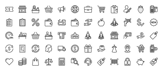 E-commerce and shopping line icon set. Vector pictograms of shopping carts, cash registers, delivery, payment, and retail, thin linear illustration.