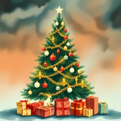 Retro Christmas tree with glowing lights