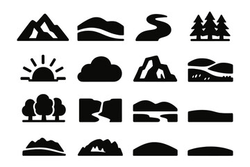 Brutalist Landscape Icons. Landscape Elements Set silhouette icon set: mountain silhouette, rolling hill, river bend, forest line, sun rising, cloud puff, rocky outcrop, meadow