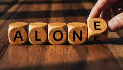 Wooden Dice Spelling the Word ALONE.
