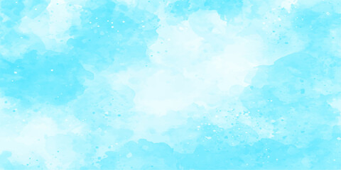 Abstract blue watercolor background with cold winter sky texture and cloud pattern on painted paper