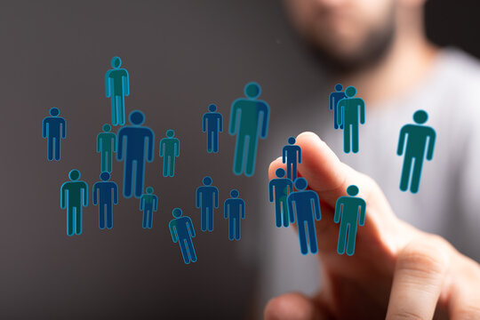 Concept of global community and teamwork. Person's hand interacting with virtual connections. Business, collabo