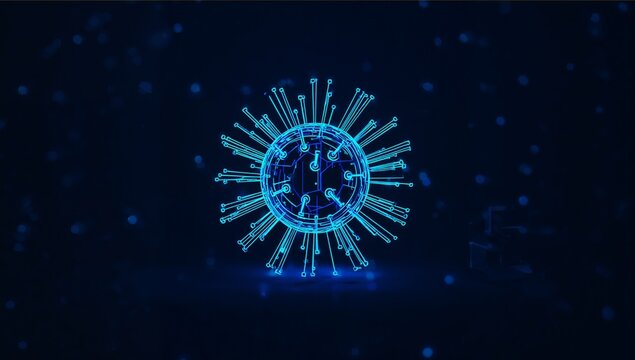 Digital Illustration of a Virus Model in Blue with Particle Effects