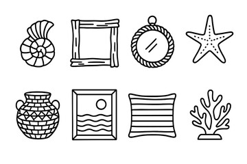 Coastal Decor Icons. Coastal Home Decor Set linear icon set: seashell vase, driftwood frame, woven basket, starfish ornament, rope mirror, ocean painting, striped pillow, coral
