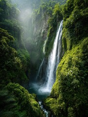 Majestic Waterfall Cascading Through Lush Green Jungle, Mist and Sunlight.